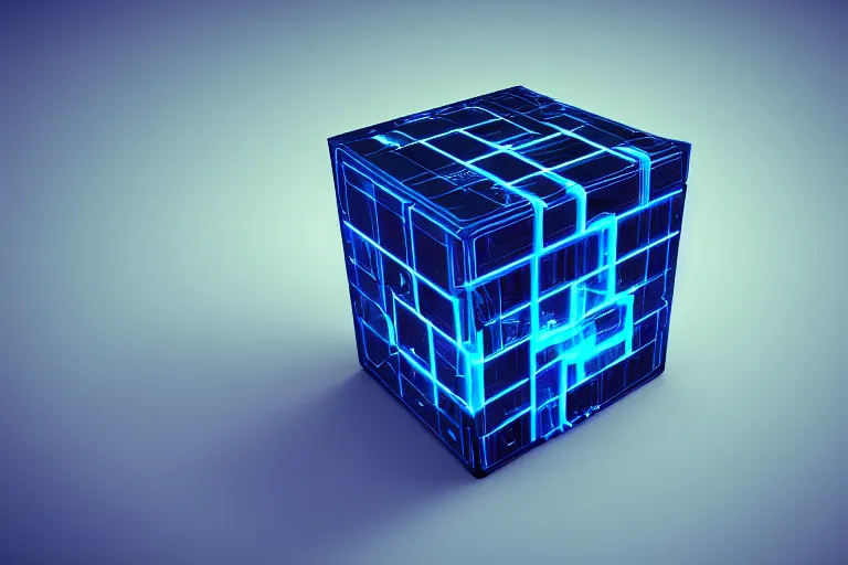 Prompt: a single Cyberpunk Intricate black and neon blue cube no background 4K 3D render desktopography HD Wallpaper digital art