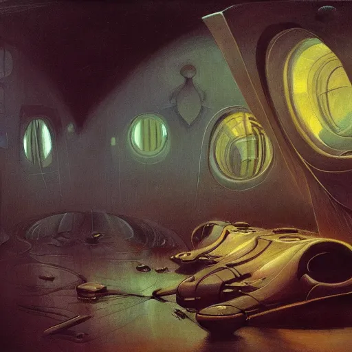 Prompt: painting of syd mead artlilery scifi organic shaped empty room, fossil ornaments, rainbow volumetrics, andreas achenbach, beksinski