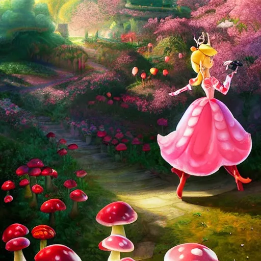 Image similar to portrait of princess peach from Mario, running up a hill of exotic flowers in the Mushroom Kingdom, giant red and white spotted mushrooms, and roses, from behind, Castle in distance, birds in the sky, sunlight and rays of light shining through trees, beautiful, solarpunk!!!, highly detailed, digital painting by Michael Garmash and Peter Mohrbacher