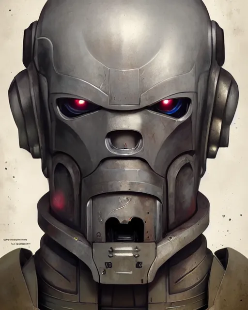 Prompt: hyper realistic portrait of warhammer robotic android head, cinematic, chaos marine, artstation, cgsociety, full head, greg rutkowski, james gurney, mignola, craig mullins, brom