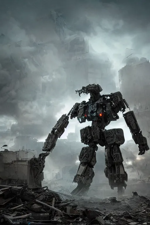 Prompt: vfx film closeup, futuristic giant powerful sci - fi war mech walking out, emerging from smoke and debris in war zone, crumbling buildings, flat color profile low - key lighting award winning photography arri alexa cinematography, hyper real photorealistic cinematic, atmospheric cool colorgrade