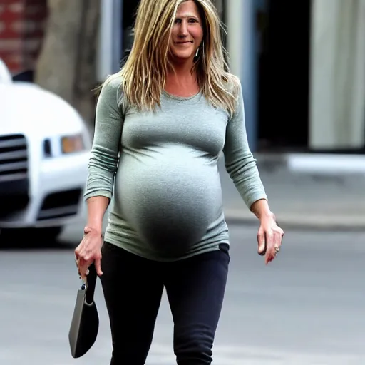 Prompt: Pregnant Jennifer Aniston walking down the street, paparazzi photograph