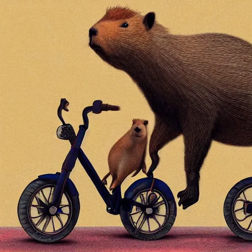 Prompt: capybara riding a tricycle, digital art