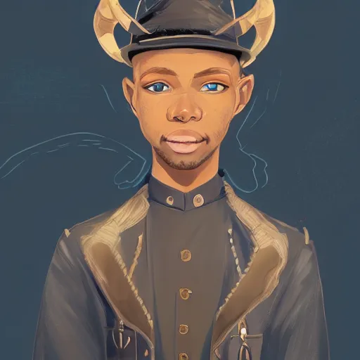 Image similar to african american man with blue eyes, blonde hair, horns, wearing steampunk attire, highly detailed, digital painting, artstation, matte, by makoto shinkai, animation style