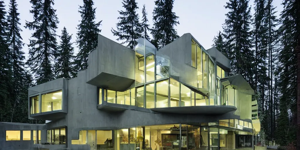 Prompt: futuristic Washington state residence, white concrete, green metal, large windows, intricate, right angles, triangular elements