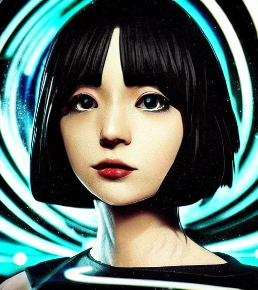 Prompt: beautiful closeup portrait of a black bobcut hair style futuristic jodelle ferland in a blend of 8 0 s anime - style art, augmented with vibrant composition and color, filtered through a cybernetic lens, by hiroyuki mitsume - takahashi and noriyoshi ohrai and annie leibovitz, dynamic lighting, flashy modern background with black stripes