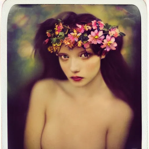 Prompt: polaroid by mucha, render, diaphanous, flowers in her hair, octane, detailed, award winning photography, masterpiece, rim lit