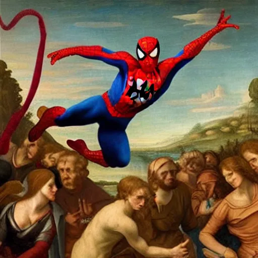 Prompt: Renaissance painting of spiderman doing cool tricks