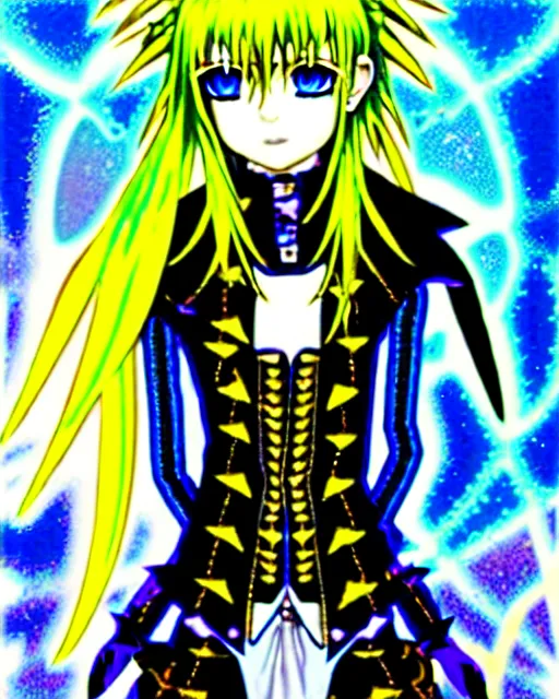 Image similar to a hologram of rimuru tempest with golden yellow eyes and sky blue hair, wearing a gothic spiked jacket, holography, irridescent, baroque visual kei decora art