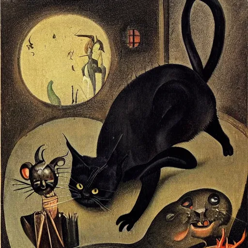 Image similar to a black cat possessed by satan, painting in the style of hieronymus bosch