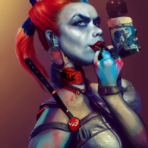 Prompt: Harley Quinn but she's a beautiful young ape with long pony tails on either side of her head, illustration, comic, by James Jean, artgerm, octane render, by John Coltrane and Marc Simonetti, Manic, graffiti, kinemacolor, colorful, high detail of the face, full body