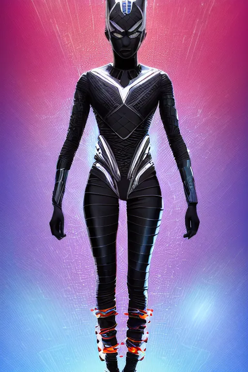 Prompt: full body portrait of the African Android Queen, by DC comics and Sandra Chevrier and beeple, artstation, volumetric lighting, hyperrealism, award winning costume design, fashion show runway, futuristic fine textures, woven with electricity, superpowers, wakanda, 4k UHD, 35mm