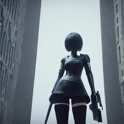 Image similar to 2 b nier automata standing in front of a tall building holding a gun, 3 d render, unreal engine, octane render, ray tracing, unity, highly detailed, high quality, hd, 4 k, 8 k, realistic, sharp, trending