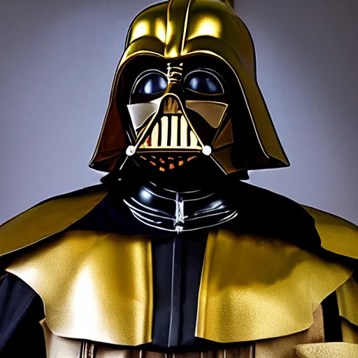 Image similar to A still of a golden Darth Vader suit, studio image,