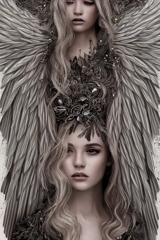 Image similar to beautiful blonde young woman's face, magical, angelic wings, flowers, intricate, synth-wave, retrowave, highly-detailed, elegant, dramatic lighting, gorgeous face, lifelike, photorealistic face, long luxurious intricate gown, digital painting, artstation, illustration, concept art, smooth, sharp focus, art by Craig Russel, Barry Smith, artgerm, and Albert Aublet and Krenz Cushart and Artem Demura and Alphonse Mucha