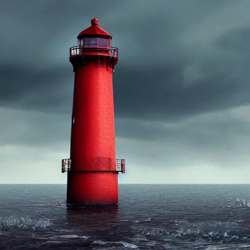 Image similar to beautiful lonely red lighthouse, standing behind red water, 4 k resolution, ultra detailed, style of greg rutkowski, ryan dening,