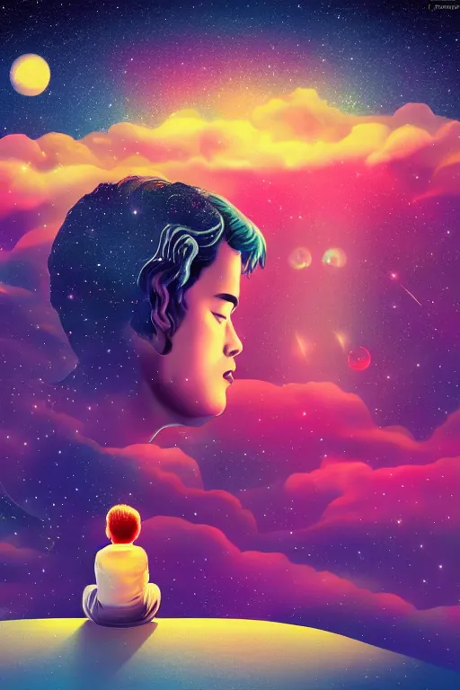 Image similar to a kid sit in the fool watching the starry sky and new moon, miracle, sideview, masterpiece epic retrowave art, trending on art station