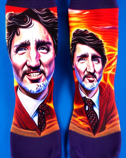 Image similar to detailed portrait of justin trudeau patterned socks!!! by tomasz alen kopera and peter mohrbacher and johanna martine! and margaret keane! coherent luminescent