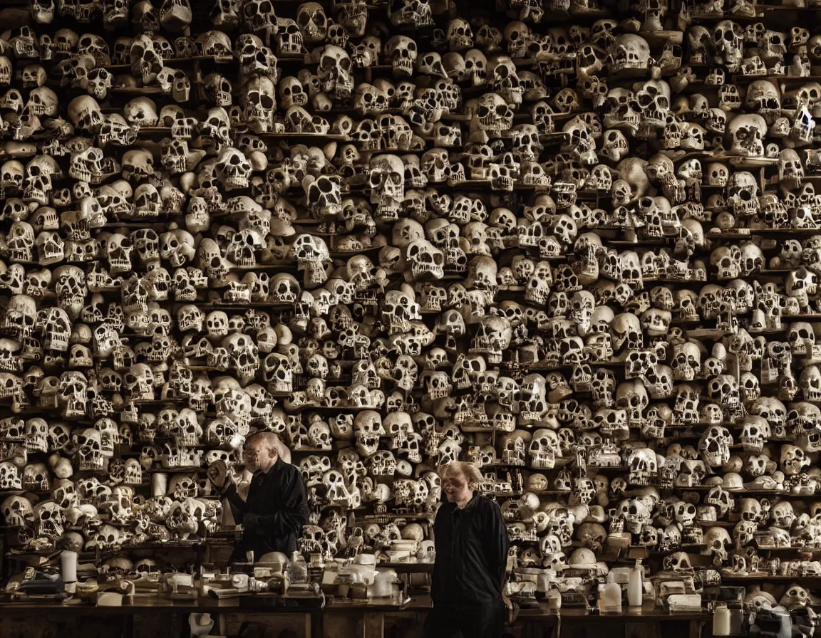 Prompt: mad scientist hunched over a table in his laboratory, surrounded by dozens of shelves of skulls, all different sizes and shapes. Eerie lighting, photographic, cinematic, dramatic, establishing shot