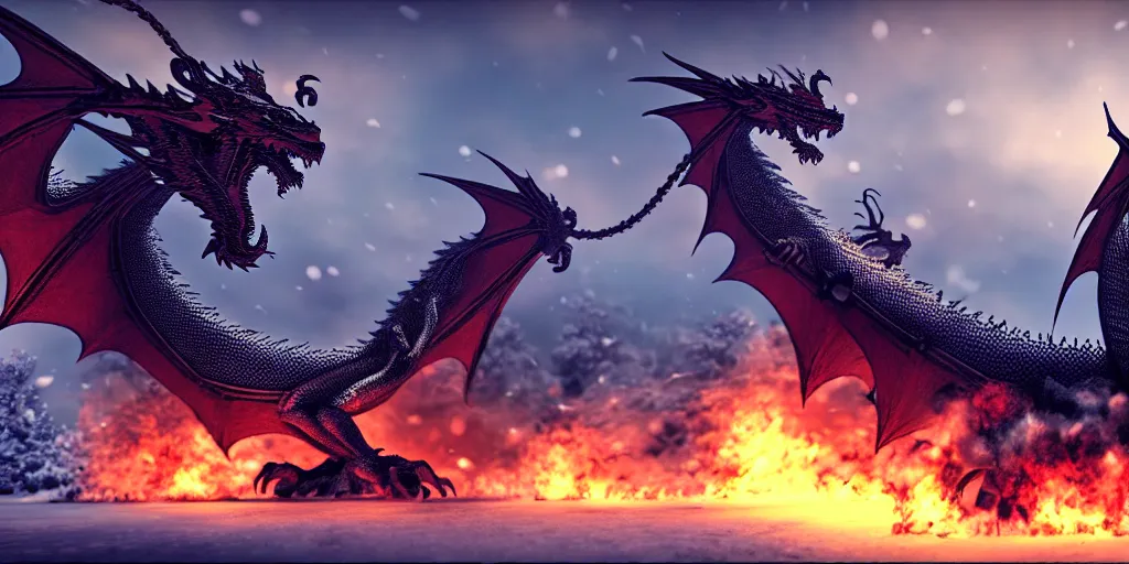 Prompt: a dragon made of smoke attacking a village in winter, realistic, 4k, cinematic