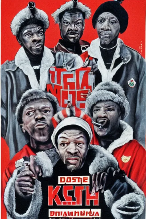 Image similar to poster the movie 1 9 8 8 ussr don't be a menace to south central while drinking your juice in the hood, perfect symmetrical eye, gray fur hat soviet soviet russian winter fur cap with earflaps ushanka, bottle of vodka, bears, kremlin babushka communist criminal