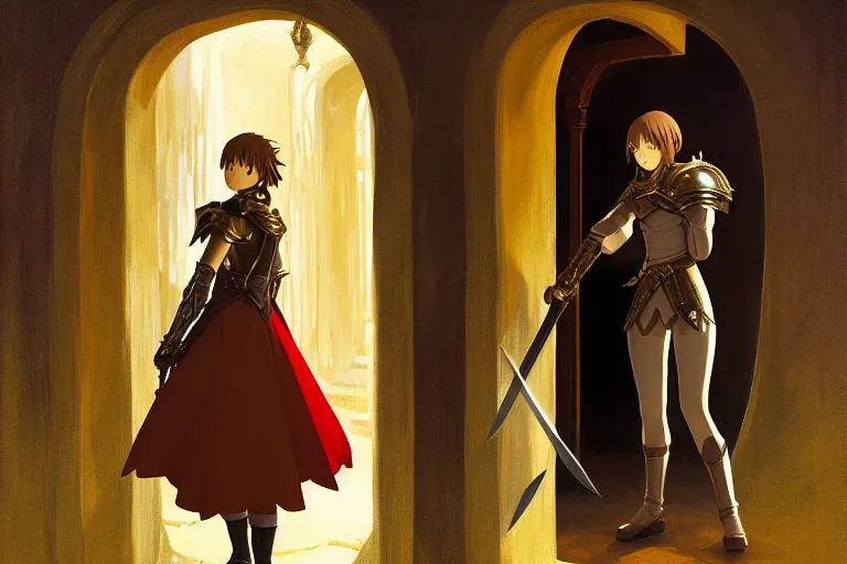 Image similar to anime key visual of young female fantasy knight, shoulder length brown hair shining detailed platinum and gold armor, wielding two daggers, standing in the doorway of an ancient monastery, style of jamie wyeth james gilleard edward hopper greg rutkowski acrylic painting, preserved museum piece, historical