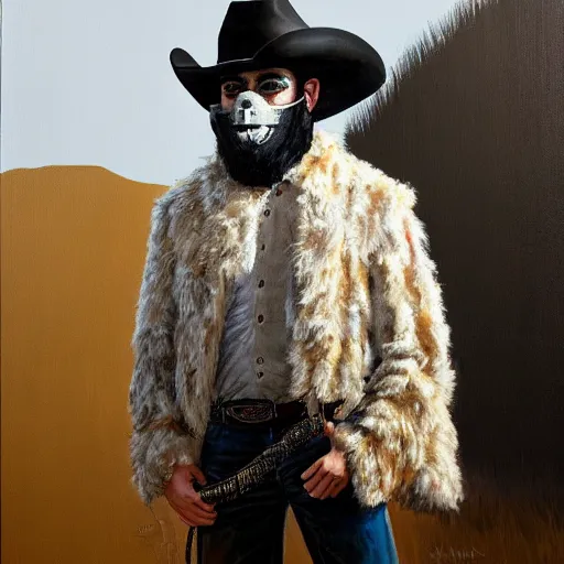 Prompt: a beautiful painting of Orville Peck wearing a fringed mask and cowboy hat, snowy background, golden hour, by Mark Maggiori, realistic, artstation