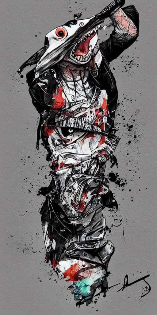 Image similar to hiphop street wear gangster, shark themed clothing, holding gun, featured on art station, ralph steadman