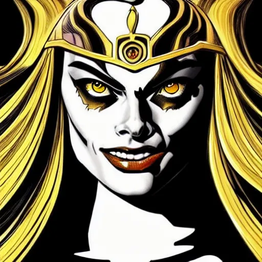 Image similar to style of Rafeal Albuquerque comic book art, goddess Margot Robbie, gold and white eyes, symmetrical face, symmetrical eyes, scary smile