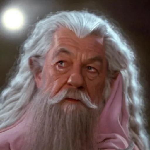 Image similar to gandalf wearing a light pink robe, wearing a large hello kitty hair clip, movie still from the lord of the rings