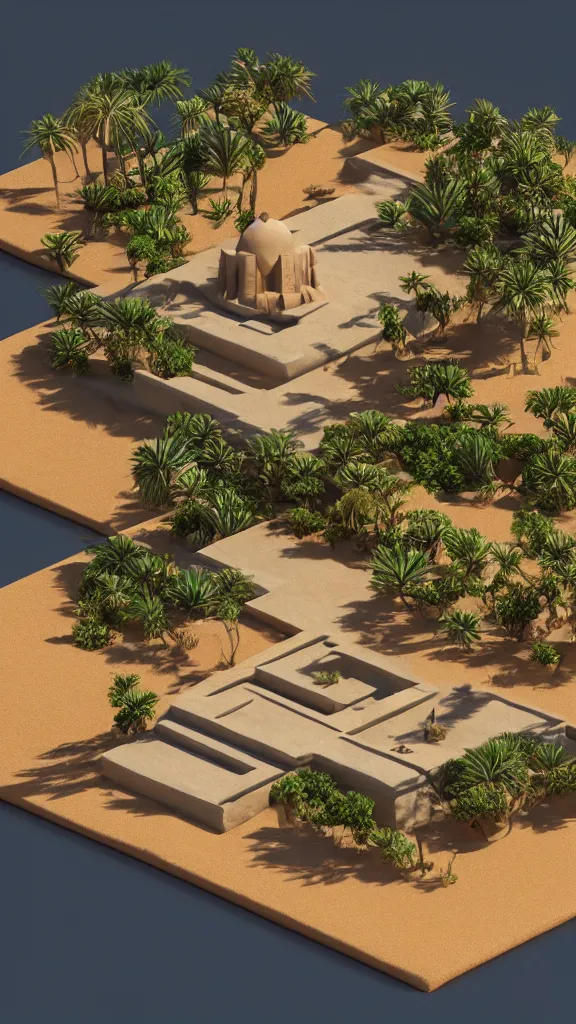 Image similar to matte 3 d scene of a desert temple on a floating island oasis, lat lighting, isometric perspective on tropical beach background, soft shadows, 3 d render, raytracing,