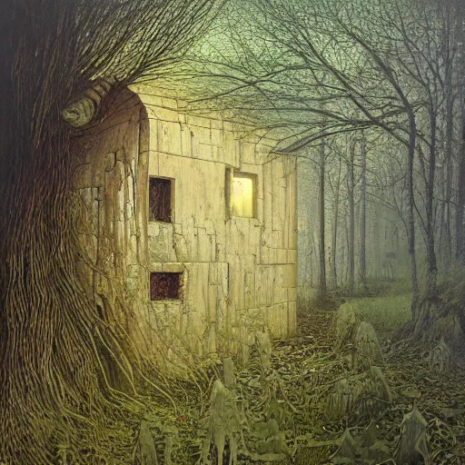 Image similar to small cottage in the forest by zdzisław beksinski, marco mazzoni, peter gric, oil on canvas, highly detailed, whimsical, fantasy