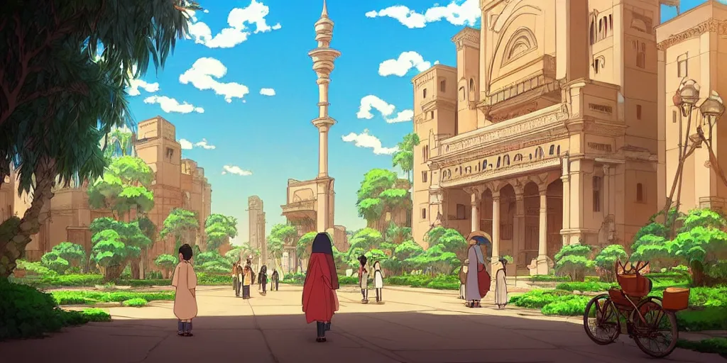 Image similar to a beautiful movie still in the style of studio ghibli anime with a landscape of the khedival opera house in talaat harb square cairo with lush landscaping, date palm trees, shrubs and flowers. trending on artstation