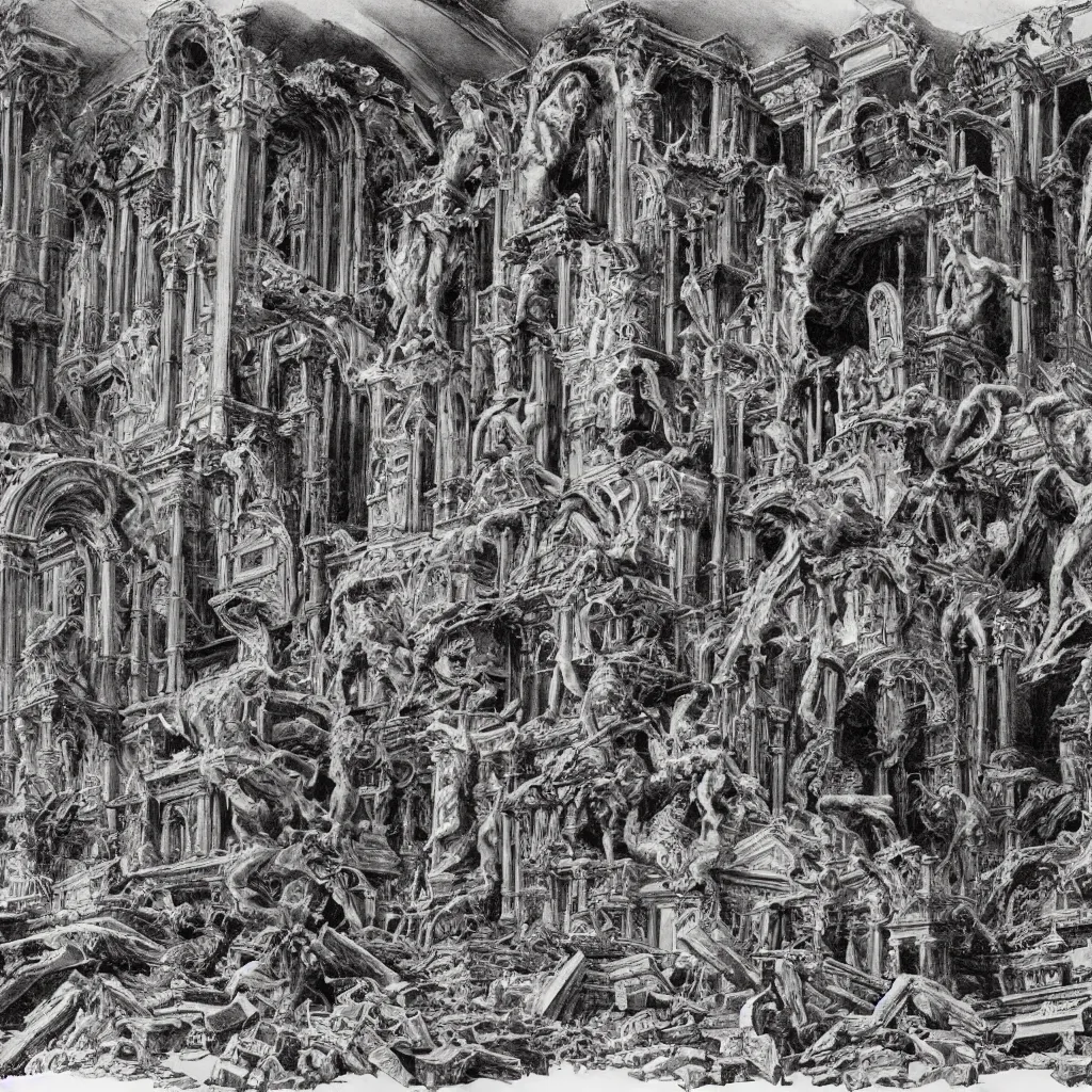 Prompt: extremely detailed illustration by bernie wrightson of a destroyed panteon with 7 statues of extint forgotten gods