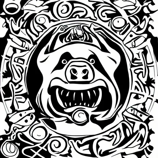 Image similar to the devil, cow, pig, sheep, chicken, summoning circle, white on black vector ink drawing, demonic, diabolic, hostile