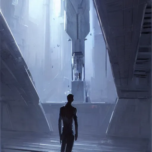 Image similar to concept art by greg rutkowski, a very tall and slender cyborg, standing in front of a large rectangular looking space, high tech and futuristic white walled environment, unnatural lighting, uncanny atmosphere, frightening and creepy atmosphere, scifi, highly detailed portrait, digital painting, artstation, concept art, smooth, sharp foccus ilustration, artstation hq