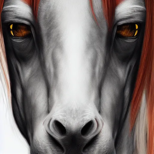 Image similar to horse face hyperrealistic portrait, photo realistic, poster, artstation, volumetric lighting, digital art, very detailed face by magali villeneuve