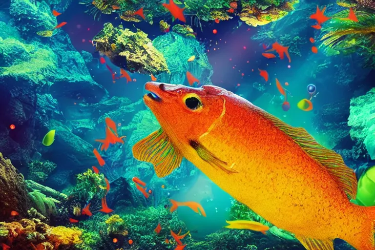 Image similar to ultra realistic underwater photography, panoramic picture of a river with ( subject : a very big exotic brightly coloured fish ). lots of bubbles. wavy, scattered light entering from the water surface, artstation, 8 k