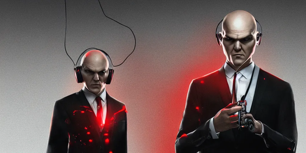 Prompt: agent 4 7 from hitman wearing headphones with wires everywhere listening to music, dark background, red rim light, smooth, sharp focus, art by ali kiani amin
