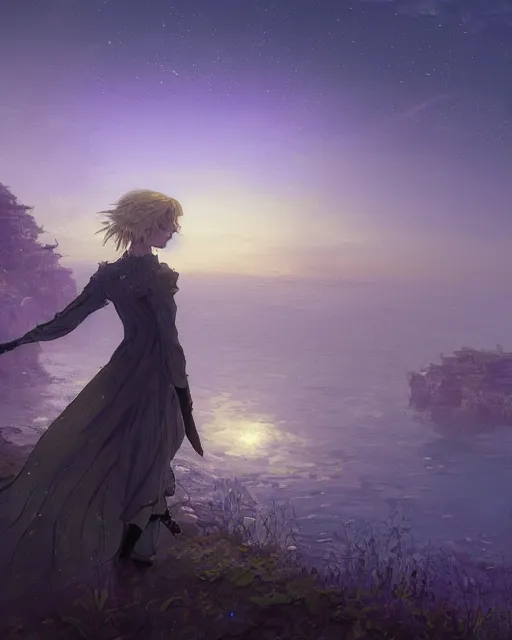 Image similar to over the shoulder landscape painting of long blonde violet evergarden, behind are distant lights from an old european city, next to the reflecting ocean, nighttime, by Philipp A. Urlich and Pengzhen Zhang and Andreas Rocha, fantasy, intricate, elegant, highly detailed, digital painting, artstation, blender, unreal engine 5, octane render, smooth, sharp focus, illustration