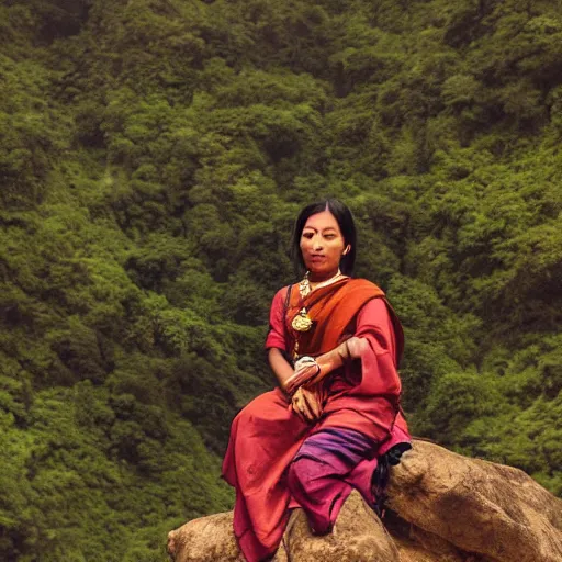 Prompt: vintage_portrait_photo_of_a_beautiful_beautifully_lit_nepalese_Victorian_woman_in_a_lush_valley_with_a_tibetan_monastery_on_a_rock_in_the_backgroun_-H_704_-n_4_-i
