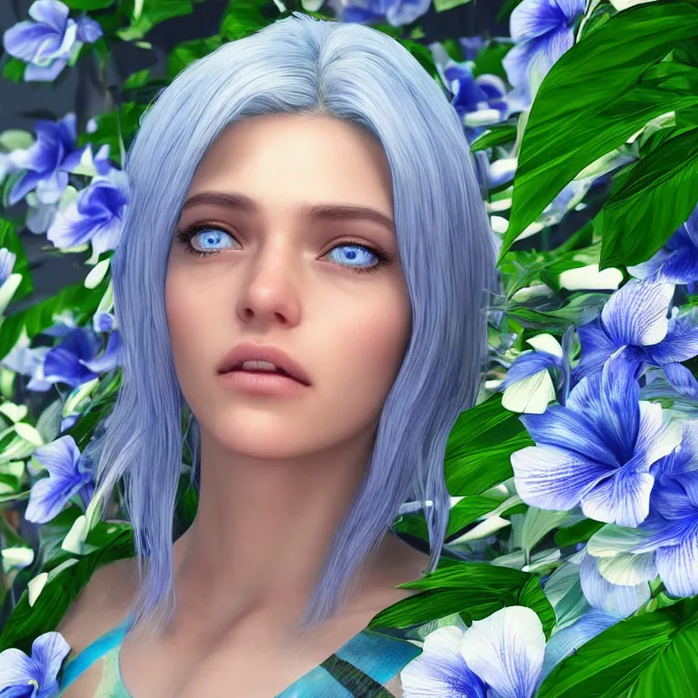 Prompt: “hyperrealistic ultra detailed unreal engine 5 RTX raytracing nvidia hairworks render of portrait of the most beutiful girl with blue eyes and white hair. She is in amazing tropical flowers. Beautiful Photo. Retro. Webpunk. ”