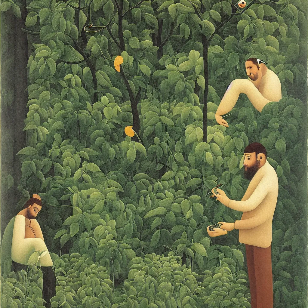 Image similar to i, a man wearing headphone and playing his iphone, by henri rousseau