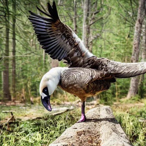 Image similar to high quality trail cam footage of a goose attacking a human. 8 k photography, depth of field, canon dslr