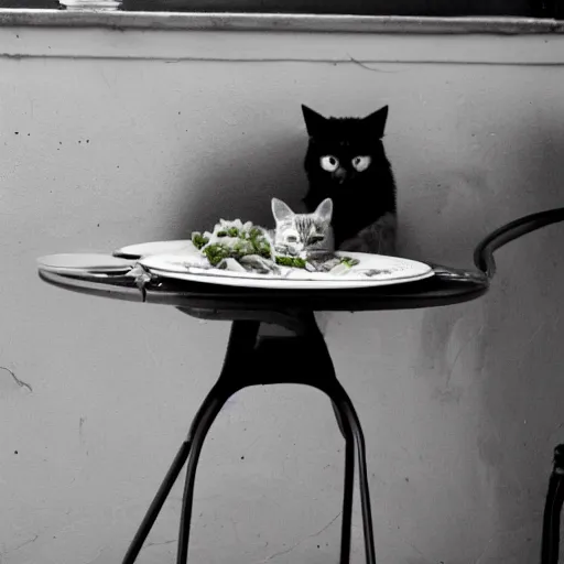 Prompt: dinner for one, but it is with cats, 5 5 mm