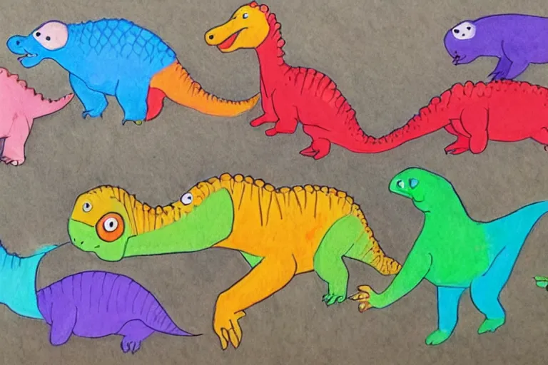 Prompt: A young child's crayon drawing of all the different kinds of dinosaurs holding hands