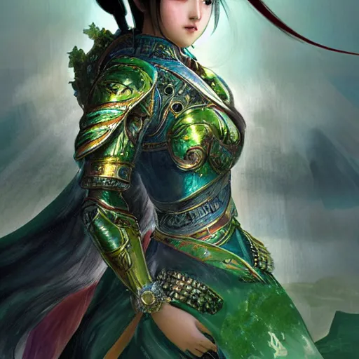 Image similar to portrait black hair young knights of Dynasty Warriors girl, metallic green armor, in ruin fire chinese palace sunrise, ssci-fi and fantasy, intricate and very beautiful and elegant, highly detailed, digital painting, soft light, artstation, concept art, smooth and sharp focus, illustration, art by tian zi and WLOP and alphonse mucha