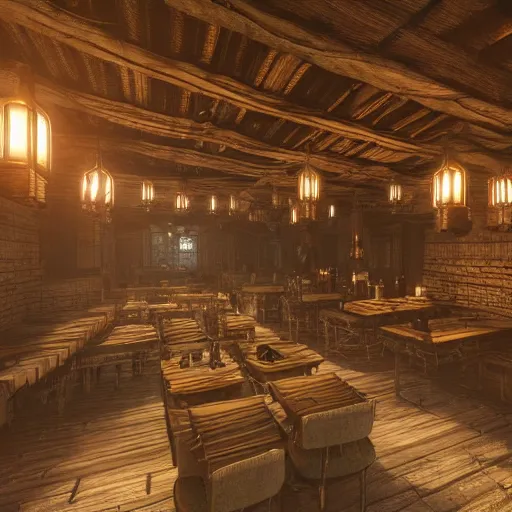 Image similar to ultra mega super hyper realistic Digital concept interior design of tavern in Cyberpunk style mixed with medieval style. More cyberpunk less medieval. Natural white sunlight from the transperient roof. Rendered in VRAY and DaVinci Resolve and MAXWELL and LUMION 3D, Volumetric natural light