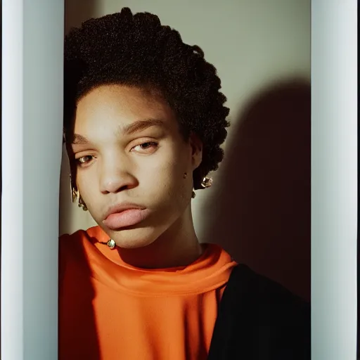 Image similar to realistic photoshooting for a new balenciaga lookbook, color film photography, portrait of a beautiful woman, in style of Tyler Mitchell, 35mm,