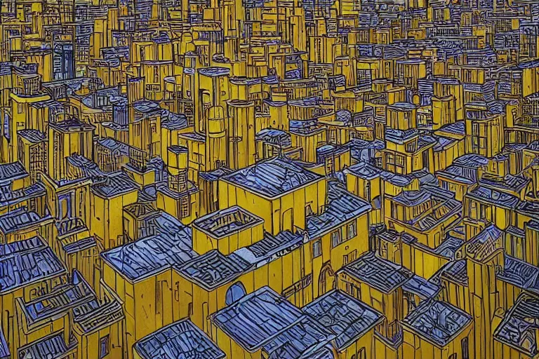 Image similar to a city with buildings made out of lemons by moebius